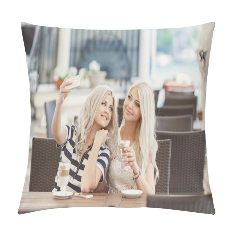 Personality  Two girls drink coffee and use the phone pillow covers