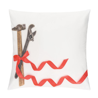 Personality  Top View Of Hammer And Adjustable Wrench Wrapped By Ribbon Isolated On White  Pillow Covers