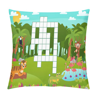 Personality  Printable Tropical Summer Crossword Worksheet For Kids With Jungle Animals And Landscape, Wildlife And Nature Pillow Covers