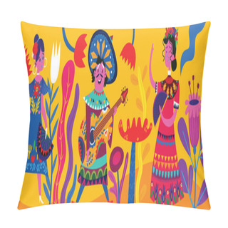 Personality  Beautiful Illustration With Mexicans Celebrate Holidays Pillow Covers