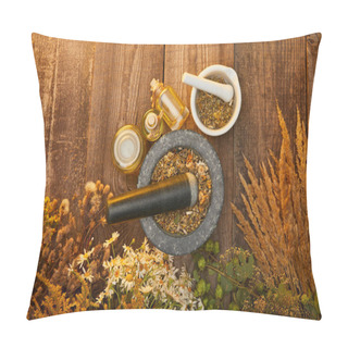 Personality Top View Of Mortars And Bottles Near Wildflowers And Herbs On Wooden Surface With Copy Space Pillow Covers