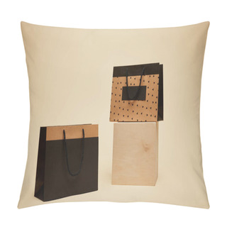 Personality  One Shopping Bag On Wooden Cube, Black Paper Bag On Beige Surface Pillow Covers
