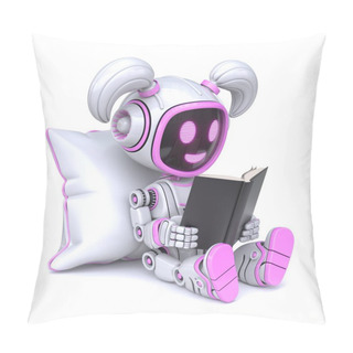 Personality  Cute Pink Robot Girl Enjoys Read Book 3D Rendering Illustration Isolated On White Background Pillow Covers