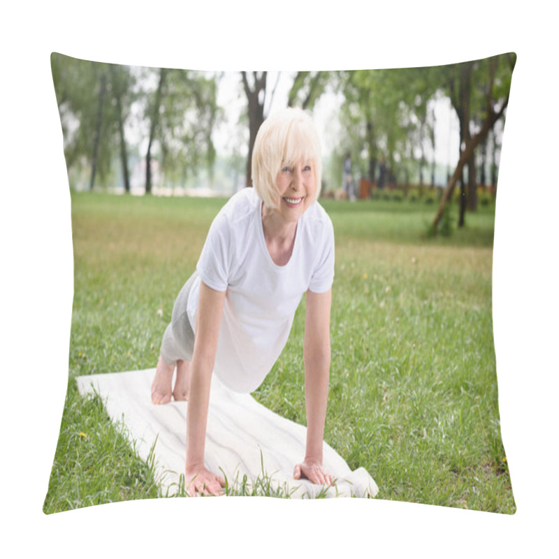 Personality  Smiling Elderly Woman Doing Plank On Yoga Mat On Lawn Pillow Covers