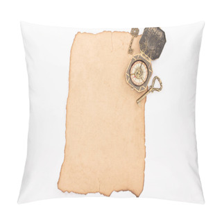Personality  Top View Of Vintage Keys And Compass On Aged Paper Isolated On White Pillow Covers