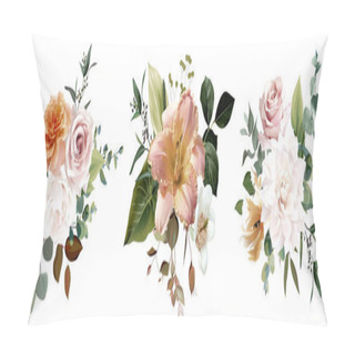 Personality  Dusty Yellow, Blush Pink And White Rose, Lily, Pale Tulip, Fall Garden Flowers, Eucalyptus, Greenery Vector Design. Wedding Autumn Dried Floral Bouquet Collection. Elements Are Isolated And Editable Pillow Covers