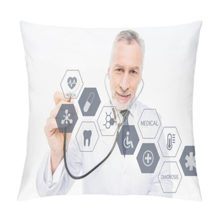 Personality  Doctor With Stethoscope And Medical Care Icons Pillow Covers