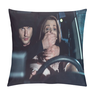 Personality  Thief Covering Mouth Of Scared Woman In Car At Nighttime Pillow Covers