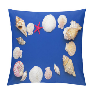 Personality  Shells Background. Frame Of White Seashells, Red Starfish Isolated On Blue Backdrop. Hello Summer Is Coming Concept Pillow Covers
