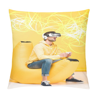 Personality  Excited Man On Bean Bag Chair In Virtual Reality Headset On Yellow With Cyberspace Illustration Pillow Covers