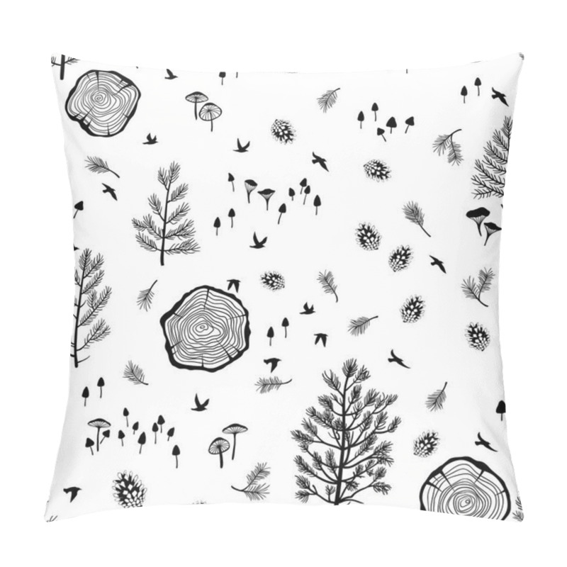 Personality  Black and white seamless forest pattern with pines, pine cones, mushrooms, tree cuts and flying birds pillow covers