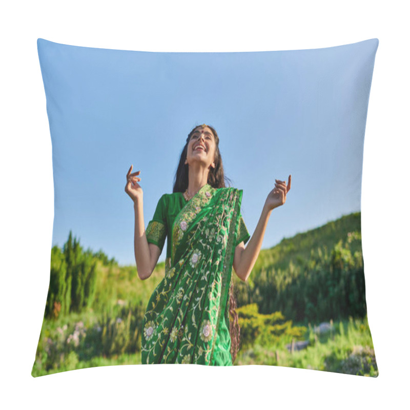 Personality  Carefree Indian Woman In Sari And Matha Patti While Standing With Summer Landscape On Background Pillow Covers
