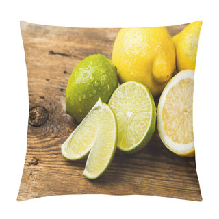 Personality  Fresh And Juicy Lemons And Lime On A Wooden Surface Pillow Covers