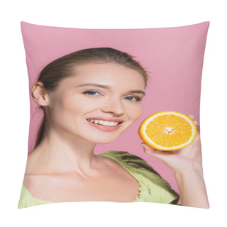 Personality  Charming Woman With Natural Makeup Holding Half Of Ripe Orange Isolated On Pink Pillow Covers