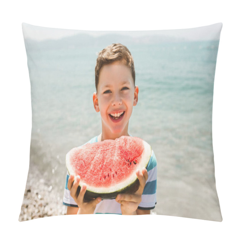 Personality  Cheerful child eating juicy watermelon. Kids emotions boy eating watermelon on the background of the sea, the beach, the sea coast. pillow covers