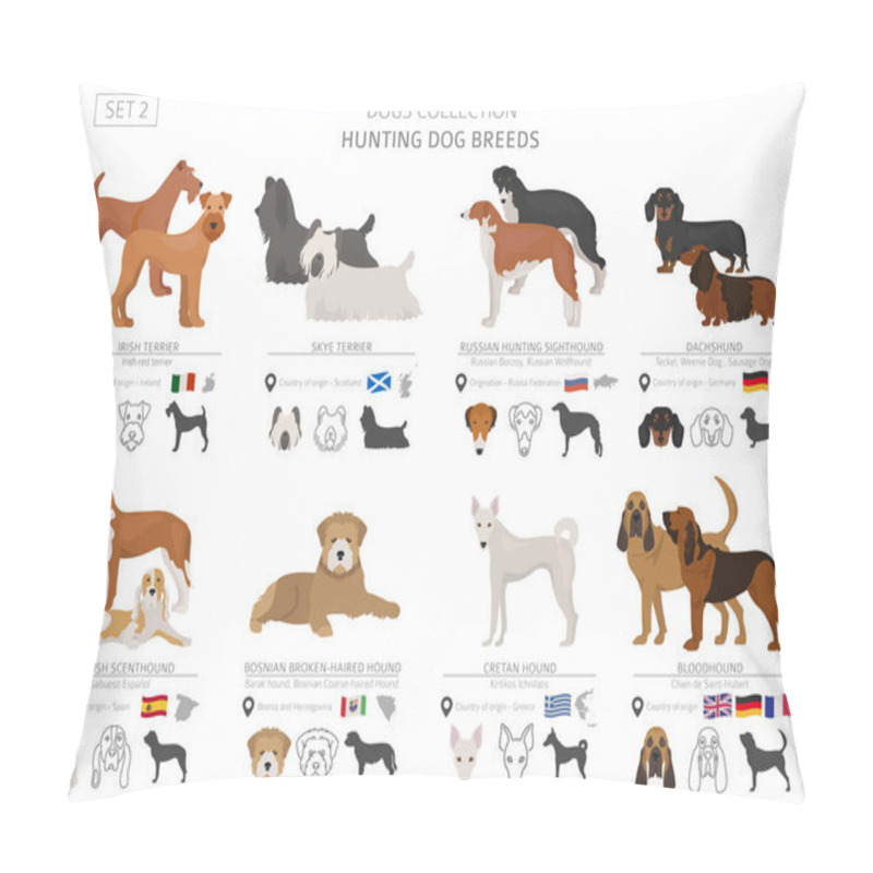 Personality  Hunting Dogs Collection Isolated On White. Flat Style. Different Color And Country Of Origin. Vector Illustration Pillow Covers