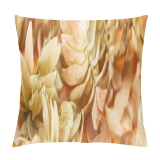 Personality  Close Up View Of Dry Hop Seed Cones Near Petals On Yellow, Panoramic Shot Pillow Covers