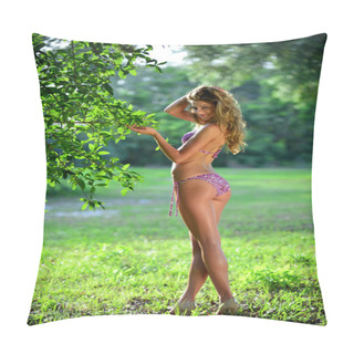 Personality  Bikini Model Posing Pretty At Tropical Forest. Sunset Countour Light And Vivid Colors Pillow Covers