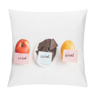 Personality  Fresh Apple, Orange And Chocolate With Calories On Cards On White Background, Calorie Counting Diet Pillow Covers