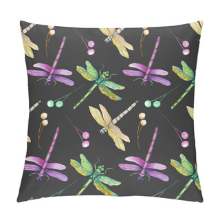 Personality  Seamless Pattern With Watercolor Colorful Dragonflies, Hand Painted On A Dark Background Pillow Covers