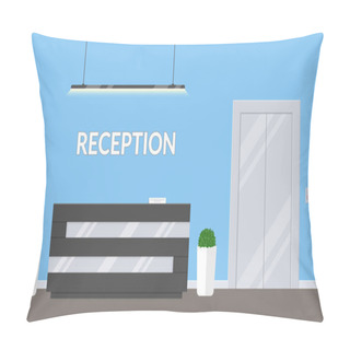 Personality  Reception In Modern Office. Business Office, Clinic Or Hotel Interior In Blue Colors With Elevator And Reception Desk . Interior Lobby Or Waiting Room Inside Building. Pillow Covers