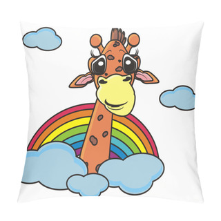 Personality  Giraffe Peeking From Behind The Clouds And A Rainbow Pillow Covers