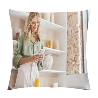 Personality  Woman In Kitchen Browsing Her Cell Phone. Pillow Covers