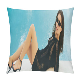 Personality  Luxury Hotel, Seductive Brunette Woman With Tanned Skin In Black Knitted Dress, Sunglasses And High Heels Posing Next To Outdoor Swimming Pool With Blue Water In Miami, Summer Getaway, Banner Pillow Covers