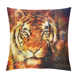 Personality  Tiger Head, Abstract Color Background, Computer Collage, Eye Contact. Pillow Covers