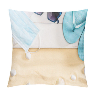 Personality  Top View Of Medical Mask, Flip Flops And Sunglasses On White Wooden Planks Near Pebbles On Sand Pillow Covers