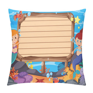 Personality  Wooden Sign Template With Mermaids And Fish Under The Ocean Pillow Covers