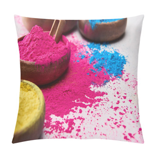 Personality  Wooden Spatula And Bowls With Pink, Blue And Yellow Holi Powder On White Background Pillow Covers