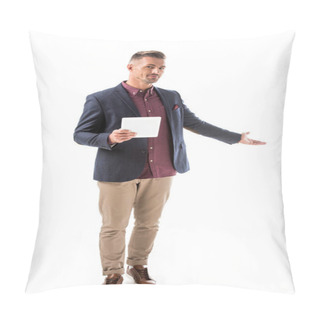 Personality  Handsome Stylish Man In Jacket Holding Digital Tablet And Doing Invite Gesture Isolated On White Pillow Covers