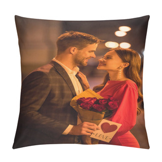 Personality  Happy Girl Holding Bouquet Of Roses While Looking At Boyfriend Holding Card With Love Inscription And Card Symbol Pillow Covers