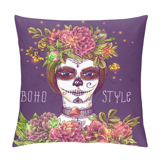 Personality  Girl With Day Of The Dead Make Up Pillow Covers
