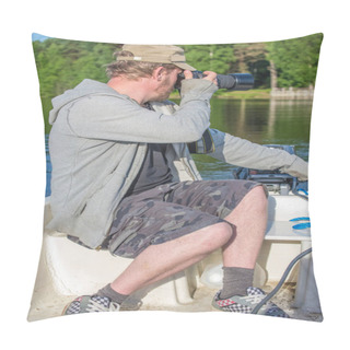 Personality   Beautiful Day In A Boat At Five Sea, Steers The Boat And Look  Pillow Covers