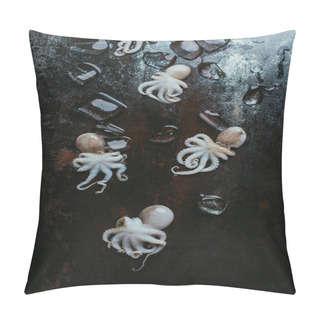 Personality  Top View Of Little Raw Octopuses With Ice Cubes On Rusty Metal Surface Pillow Covers