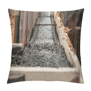 Personality  Timber Formwork With Metal Reinforcement For Pouring Concrete And Creating A Solid Foundation For A Building Or Fence. Construction Process. Pillow Covers