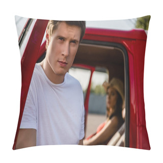 Personality  Handsome Man Posing Near Car Pillow Covers