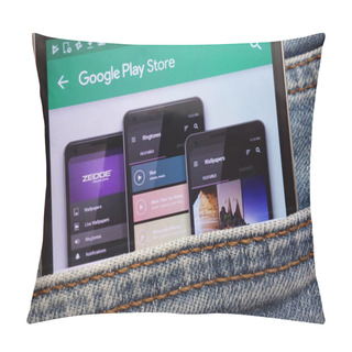 Personality  KONSKIE, POLAND - JUNE 12, 2018: Zedge App On Google Play Store Website Displayed On Smartphone Hidden In Jeans Pocket Pillow Covers