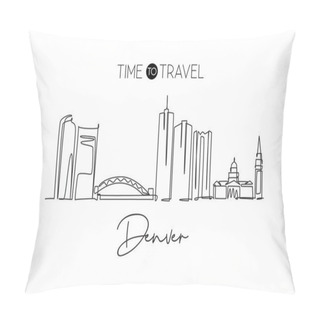 Personality  One Single Line Drawing Of Denver City Skyline, United States. Historical Town Landscape In The World. Best Holiday Destination. Editable Stroke Trendy Continuous Line Draw Design Vector Illustration Pillow Covers