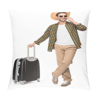 Personality  Cheerful Male Traveler In Sunglasses And Straw Hat Talking On Smartphone Near Wheeled Bag Isolated On White Pillow Covers