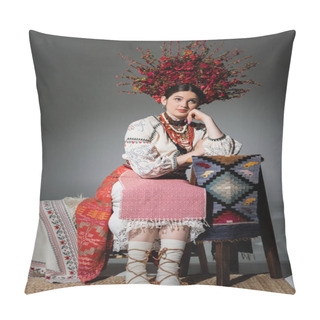 Personality  Thoughtful Ukrainian Woman In Traditional Clothes And Red Wreath With Flowers And Berries On Grey Pillow Covers