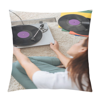 Personality  Selective Focus Of Vintage Record Player Near Girl Sitting On Carpet  Pillow Covers