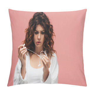 Personality  Frustrated Curly Girl Biting Lips While Looking At Earphones On Pink  Pillow Covers