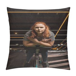 Personality  Low Angle View Of Focused Overweight Girl Doing Lower Back Extension Exercise On Training Machine Pillow Covers