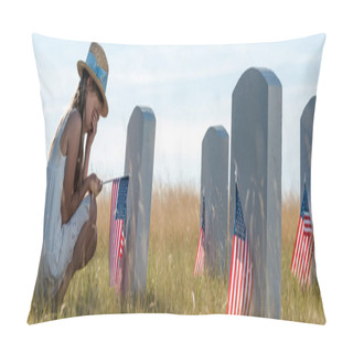Personality  Panoramic Shot Of Kid In Straw Hat Covering Face While Sitting Near Headstones With American Flags  Pillow Covers