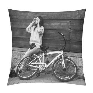 Personality  Colorful Outdoor Portrait Of Young Pretty Fashion Model With Bike. Sexy Woman Posing In Summer Pillow Covers