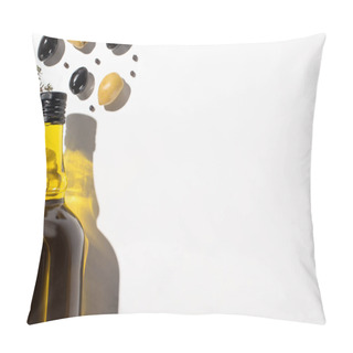 Personality  Top View Of Olive Oil In Bottle Near Green And Black Olives And Black Pepper On White Background With Shadow Pillow Covers