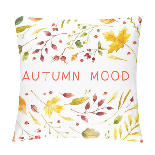 Personality  Autumn Mood  Flat Watercolor  Seamless Pattern.  Wind Blown, Floating Yellow Oak, Maple Leaves. Fall Wildflowers And Cranberry. Seasonal Wild Plants Berries With Lettering. Wallpaper, Wrapping Paper Design Pillow Covers